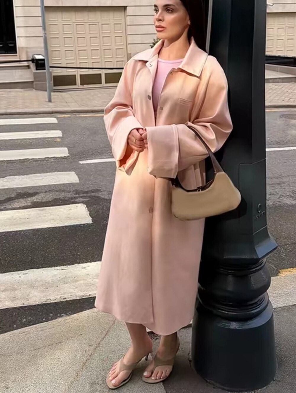 Women Pink Long Trench Coat Lapel Single Breasted Full Sleeve Loose Pocket Slit